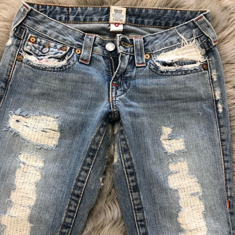 Distressed White Stitched True Religion Jeans